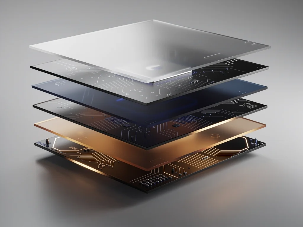 Translucent panels resembling video frames float in layered 3D space, faint circuit patterns glowing beneath their…