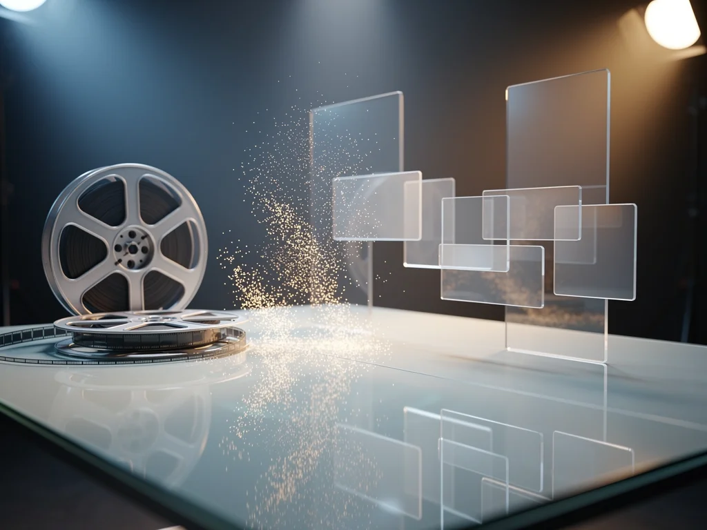Film reels dissolving into glowing digital particles on an editing desk, with geometric shapes forming video clips in…