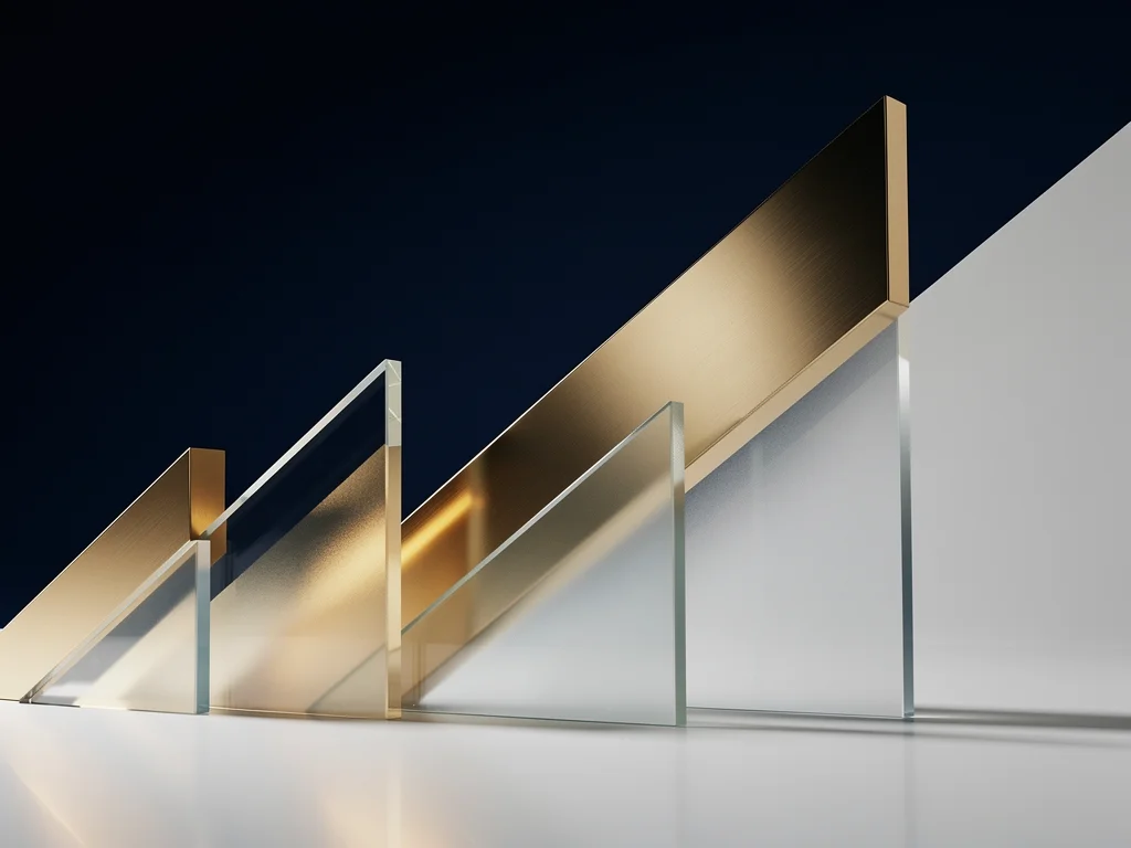 Compoziție abstractă cu forme geometrice ascendente din oțel și sticlă, în nuanțe de albastru, aur și alb